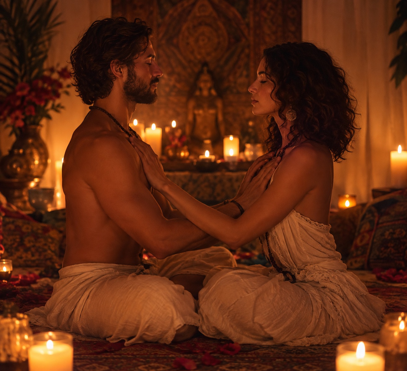 A couple sitting face to face in meditation, hands on each other's hearts, in a candlelit temple